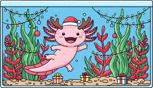 Happy Pink Axolotl wearing Santa Hat and Reindeer Antlers in Festive Christmas Aquarium with Gifts and Lights for Holiday Amphibian Art, Winter Wonderland, and Kawaii Animal Content