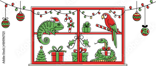 Cartoon chameleon, parrot, and snake celebrate Christmas within festive window display. Whimsical illustration features holiday decorations, gift boxes, candy canes, and Christmas tree,