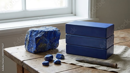 Raw Lapis Lazuli Stones with Boxes on Wooden Table