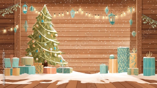 Vector illustration of wooden Christmas room with tree hanging lanterns string lights and turquoise gift boxes in falling snow