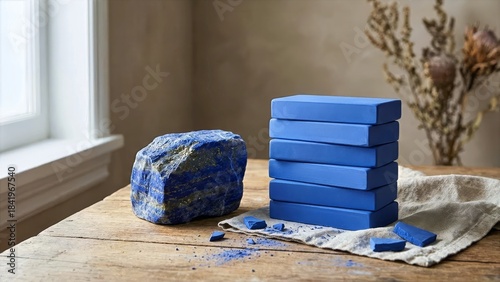 Polished Lapis Lazuli Stone and Powder on Table