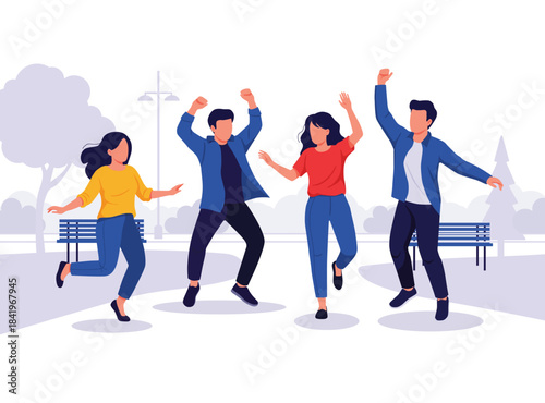 Four young diverse friends are joyfully jumping and dancing outdoors in a park celebrating freedom and happiness