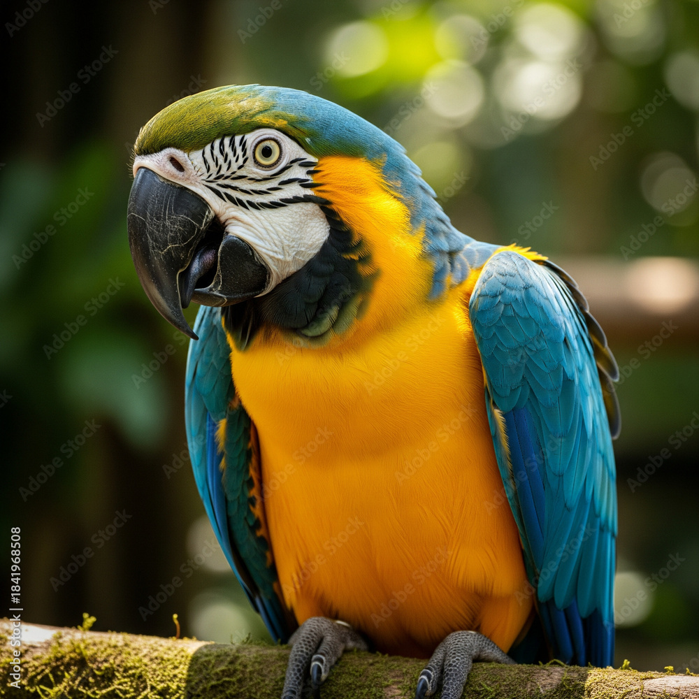 Obraz premium Vibrant parrot perched on a branch with lush foliage in a tropical setting