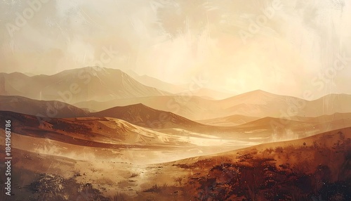 Warm atmospheric sunset landscape with misty hills and painterly golden light