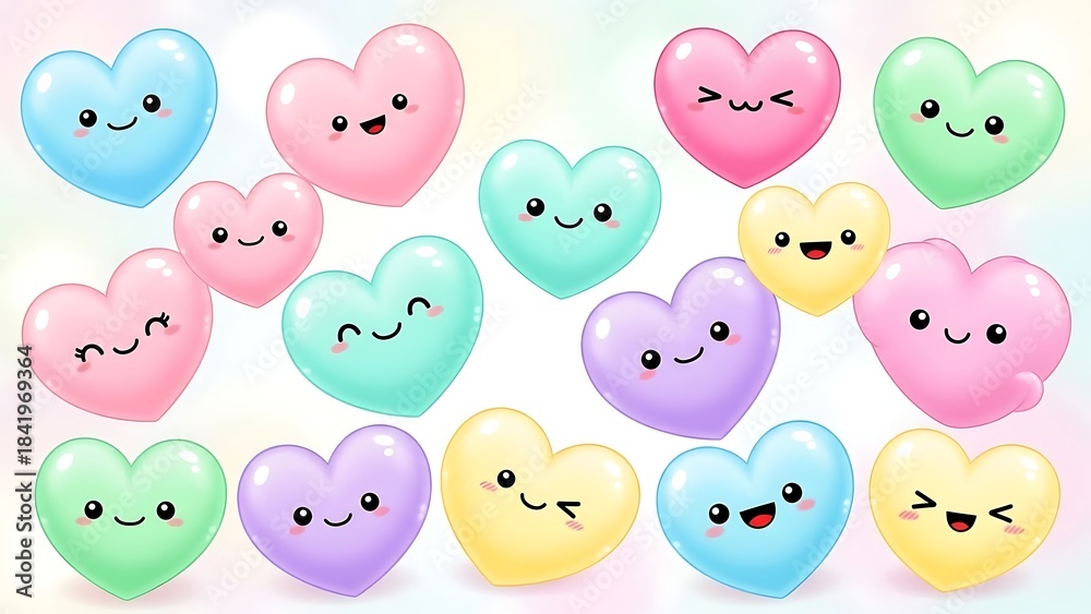 Fototapeta premium Colorful heart shaped emojis with smiling faces on pastel background