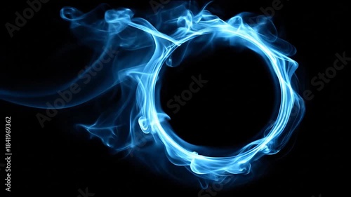 Swirling blue smoke forms a glowing ring on a black background. Moody, ethereal and dreamy