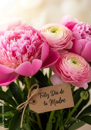 Portrait Close-Up Peony Bouquet with “Feliz Día de la Madre” Tag
