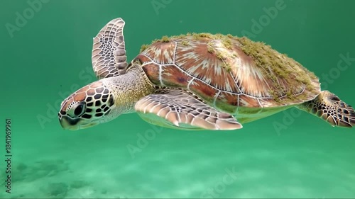 Underwater Footage of a Sea Turtle Swimming Gracefully in Clear Green Water