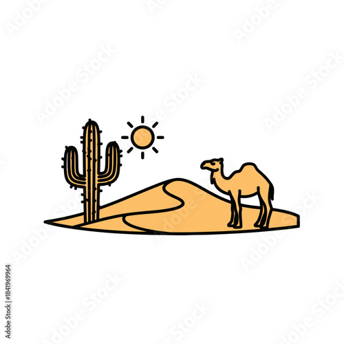 Simple desert landscape illustration with a camel, saguaro cactus, and sun over sand dunes.