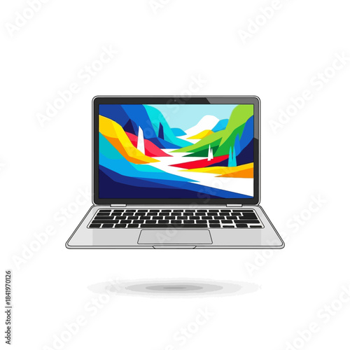 Sleek silver laptop with black keyboard, trackpad, and a brightly illuminated screen, modern portable device.