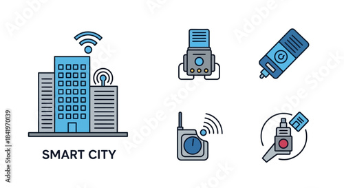 Smart City Technology Icons - Buildings, Sensors, and Wireless Communication.