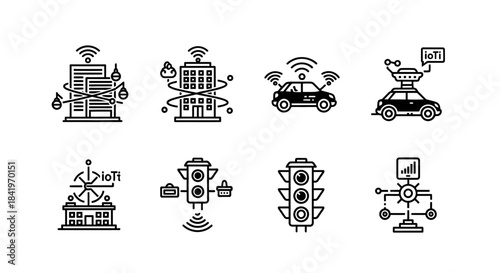 Smart City Technology Icons - Connected Buildings, Autonomous Cars, and Intelligent Traffic Systems.