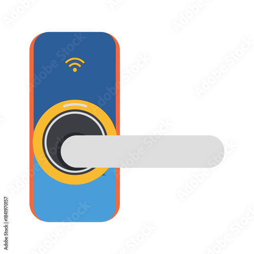 Smart Door Lock with Handle, Blue Casing, Yellow Ring, and WiFi Symbol.