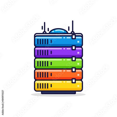 Stacked colorful server rack with antennas, featuring blue, purple, green, orange, and yellow layers.