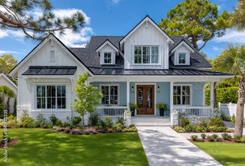 an aerial view of the front exterior design, a farmhouse-style house with white walls and a gray roof, large windows on both sides of the two-story home in florida