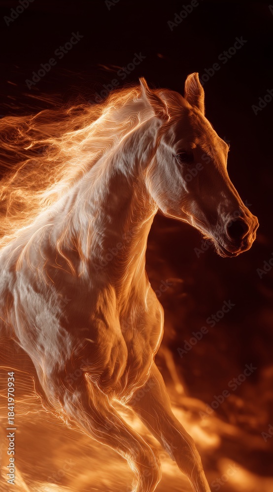 Fototapeta premium Fiery running horse with shutter drag effect and dynamic light trails, captured with harsh on-camera flash lighting and high-contrast editorial aesthetic