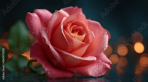 A Close-up of a vibrant pink rose, its petals fully bloomed, capturing delicate details and textures. A touch of raindrops enhance the visual appeal