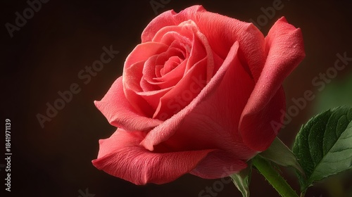 A close-up of a vibrant red rose in full bloom, showcasing its delicate petals and rich color