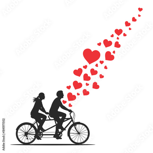 Silhouette couple riding tandem bicycle with many red hearts floating upwards