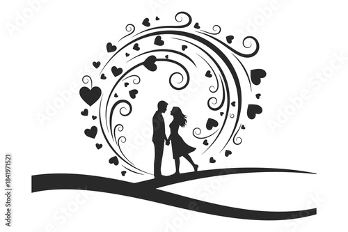 Romantic couple silhouette under swirling hearts design perfect for wedding decor
