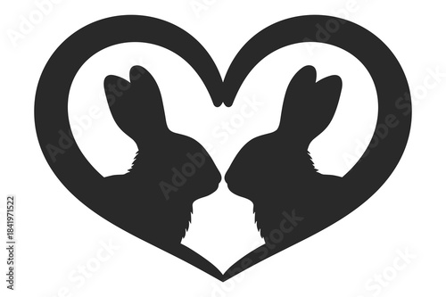 Black and white heart shape framing two facing rabbit silhouettes logo design