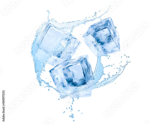 Ice cubes and splash of water in air on white background