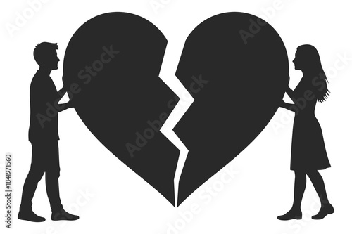 Couple silhouettes holding separate halves of a large broken heart symbol