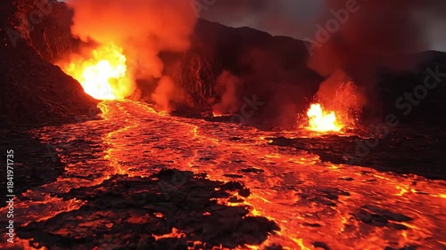 Intense lava flows down volcanic slopes casting a powerful orange glow during an active eruption event.