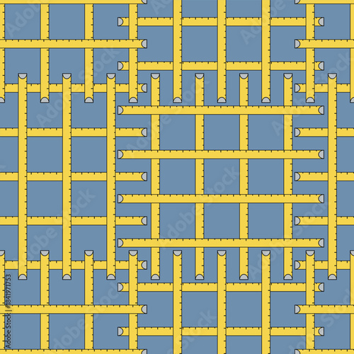 A Plaid Type Grid of Hand Drawn Yellow Tape Measures on Denim Blue Creating a Seamless Pattern Print