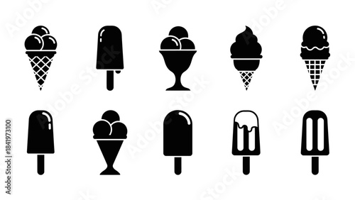 Black and white ice cream cones and popsicles vector illustration set