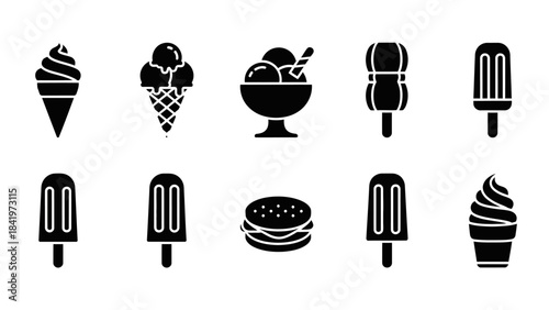 Black and white ice cream icons set for food and dessert concepts