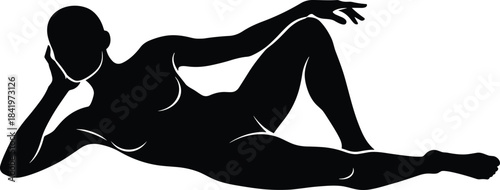 Relaxed human silhouette, reclining pose, side view, minimal figure, artistic shape, black outline, casual posture, anatomy reference, design element, vector art