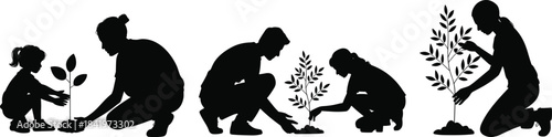 Tree planting, environmental care, nature growth, generational stewardship, sustainability, ecology, reforestation, green future, nurturing trees, family values, climate action, silhouette art