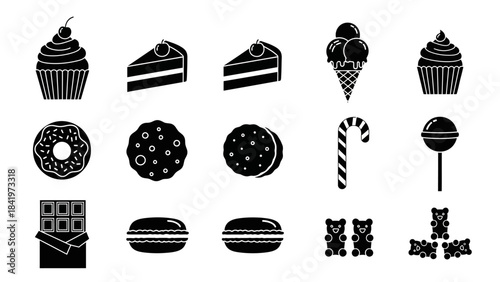 Assortment of dessert icons in black and white against a white backdrop