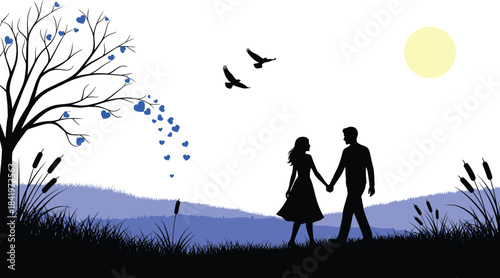 Romantic couple silhouette, nature landscape, blue sunset, falling leaves, birds flying, love walk, serene mood, scenic outdoor illustration, peaceful moment