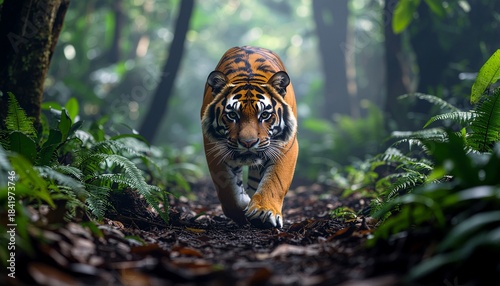 ジャングルを歩くトラの迫力ある野生動物写真