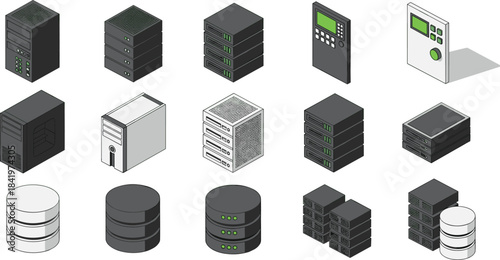 Isometric server icons, data center hardware, network storage, IT infrastructure, rack-mounted systems, cloud computing, database units, tech equipment illustrations