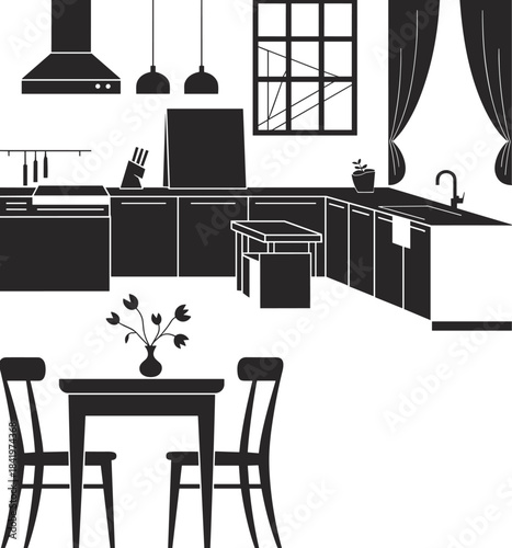 Modern kitchen silhouette, dining area illustration, black and white interior, cabinets, furniture, lighting, home decor, minimalist design, stylish layout