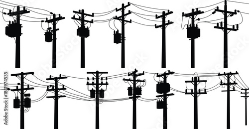 Silhouette of Utility Poles and Power Lines with Electrical Transformers, Representing Urban Infrastructure, Energy Distribution, Telecommunications, and Electric Grid Network, Vector Illustration.