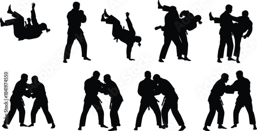 Judo, Jiu-Jitsu, and Karate Silhouettes: Dynamic collection of martial arts fighting, throwing, grappling, and defense vector illustrations for sports, training, and competition design