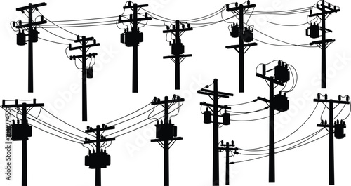 Black Silhouette Set of Utility Power Poles, Electric Lines, and Transformer Boxes, Vector Illustration for Electricity and Energy Transmission Infrastructure.