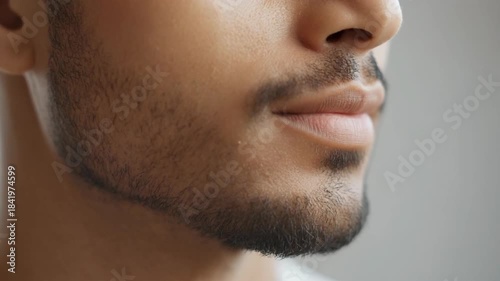 Closeup of a mans face with a beard showing his profile and facial hair. 4k Beauty Video
