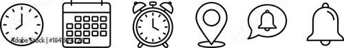 A streamlined collection of six outlined black-and-white icons for scheduling and alerting, featuring a clock face,