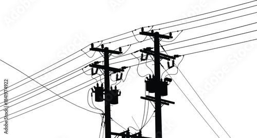 Electricity Utility Pole Silhouette, Power Lines and Transformers, Electrical Energy Supply, Vector Industrial Infrastructure Graphic