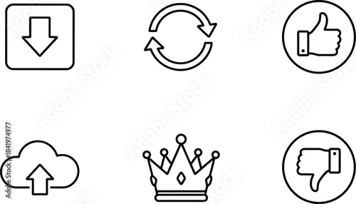 comprehensive set of six black-and-white line icons representing various actions, including downloading, refreshing, cloud uploading, royalty