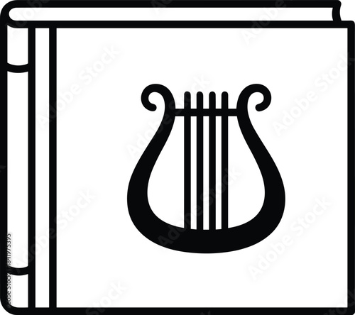 Black and white line art icon of a closed, bound book featuring an ancient Greek lyre symbol on the cover, visually representing poetry, classical music, literature, and mythological narratives.