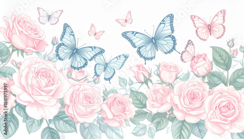 Soft Pastel Pencil Butterfly & Rose Doodles for Florist Card