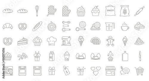 Large collection of bakery and pastry related line art icons.
