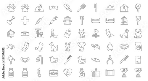 Large set of thin line icons for pet shop and vet clinic.