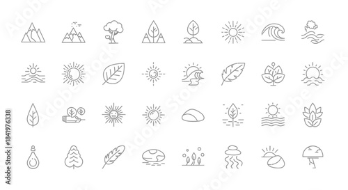 Nature Icons Set Depicting Mountains Trees Leaves Sun and Water Elements.